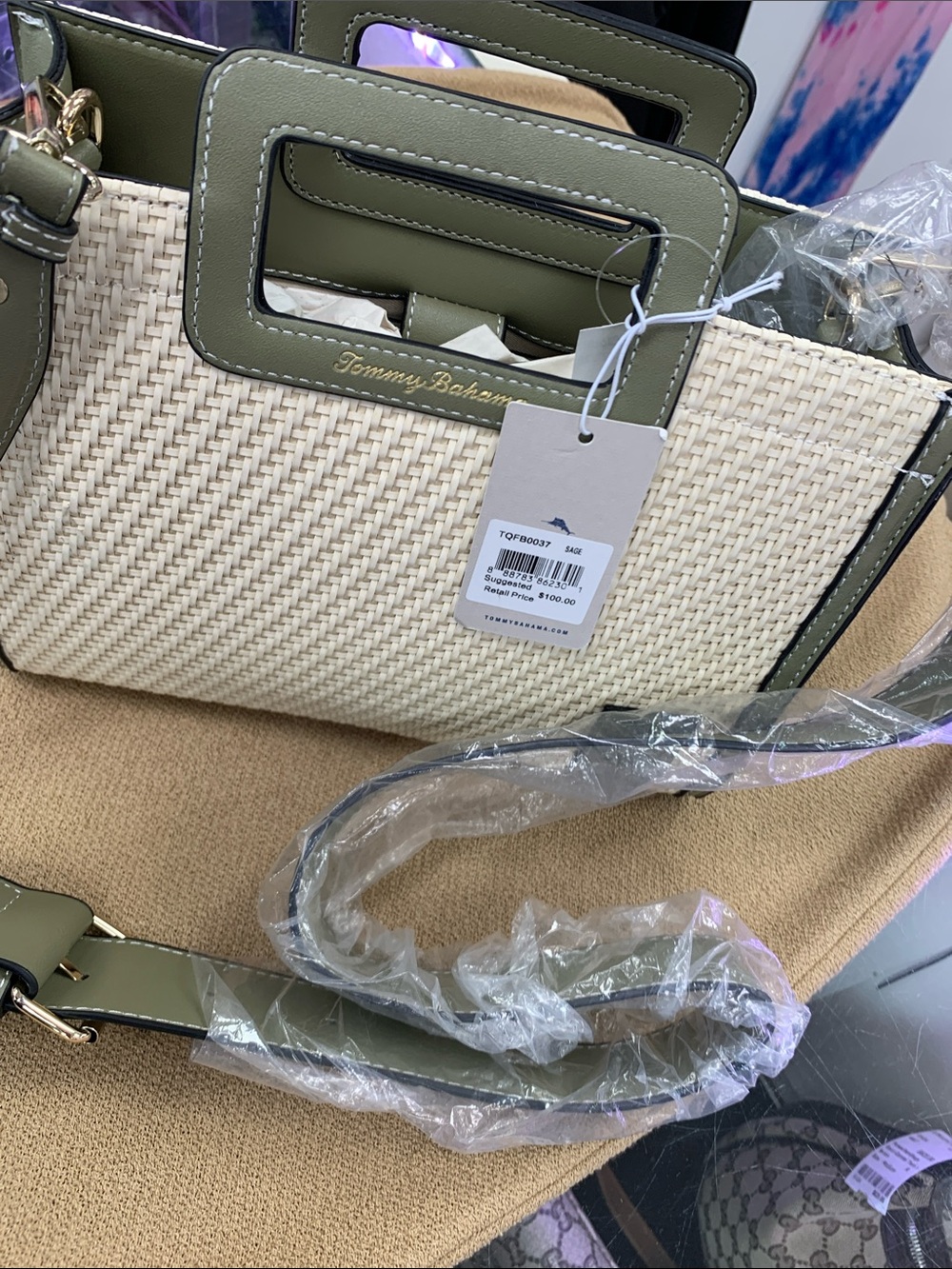 Tommy Bahama Olive and Cream Woven Tote with Top Handles